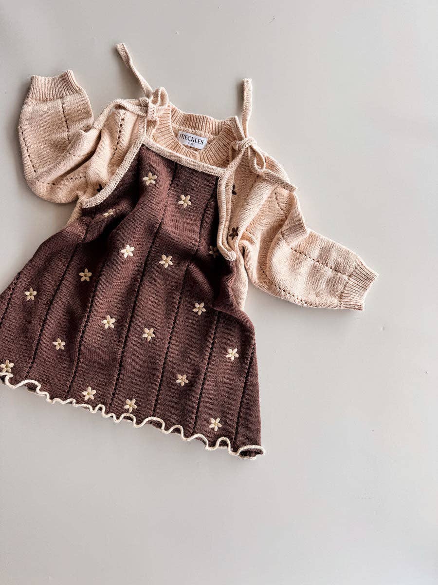 Pointelle Tie Dress - Brown Embroidery Daisy