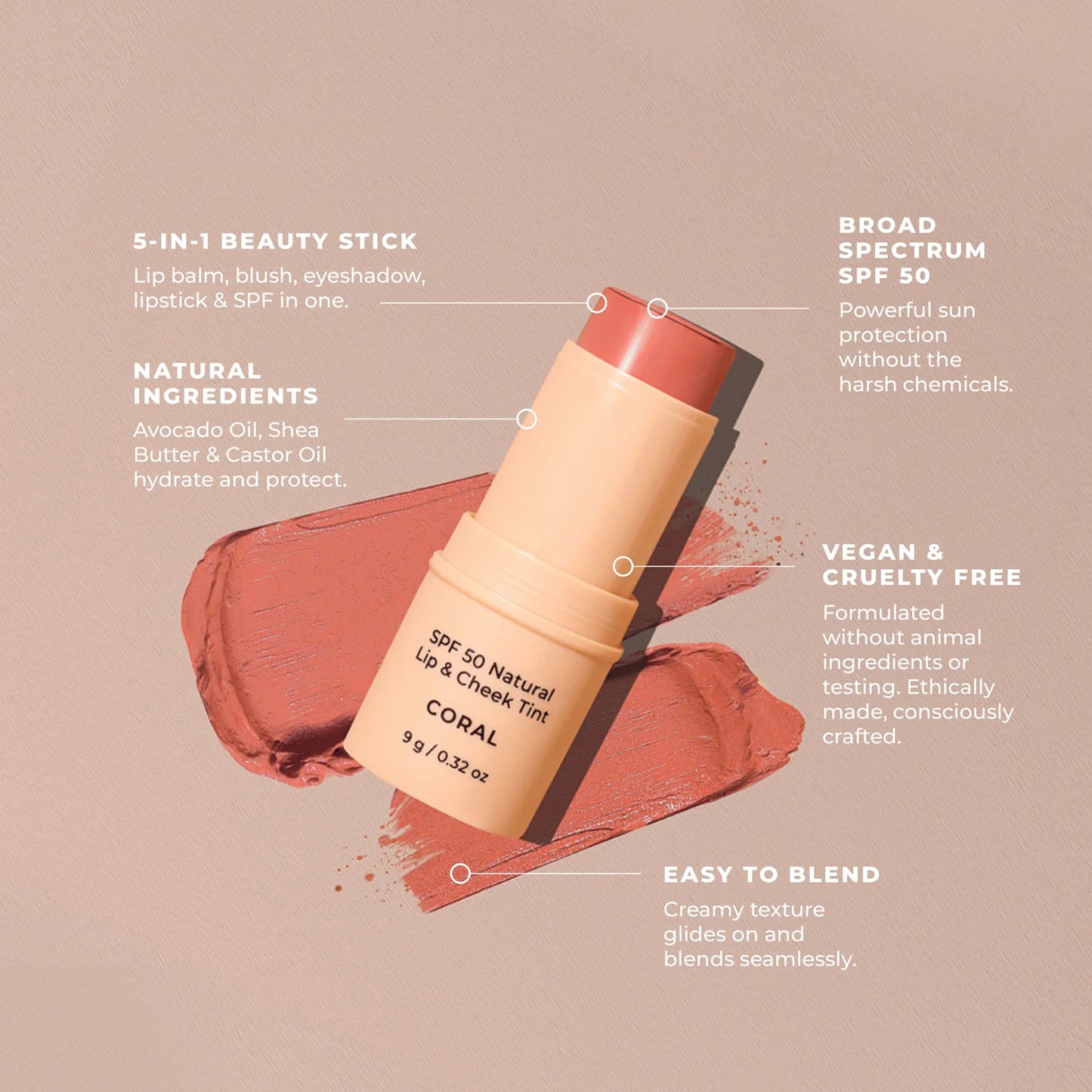 SPF 50 NATURAL LIP & CHEEK TINT - CORAL