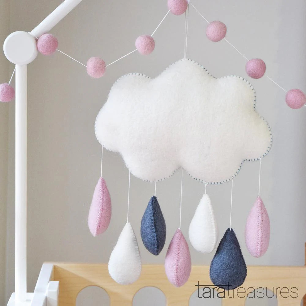 CLOUD NURSERY MOBILE - PINK & GREY RAINDROPS