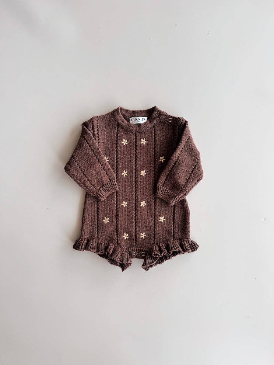 Embroidered Pointelle Romper - Brown Daisy