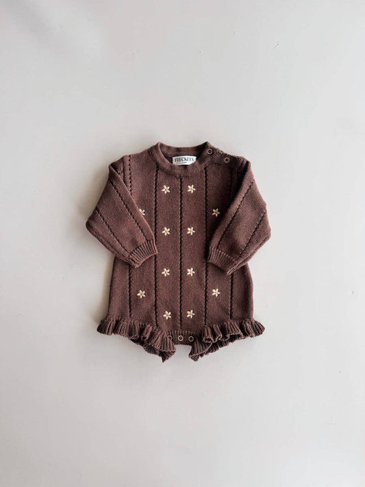 Embroidered Pointelle Romper - Brown Daisy