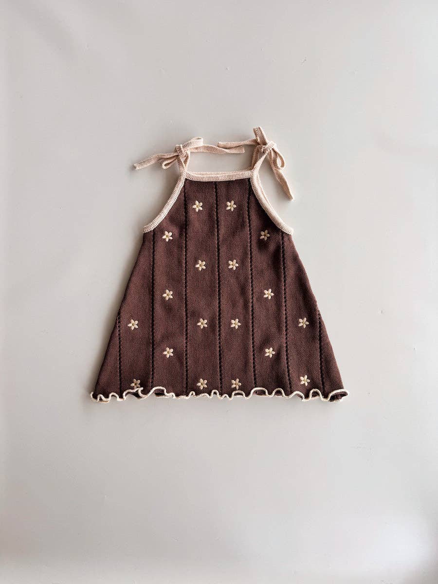 Pointelle Tie Dress - Brown Embroidery Daisy
