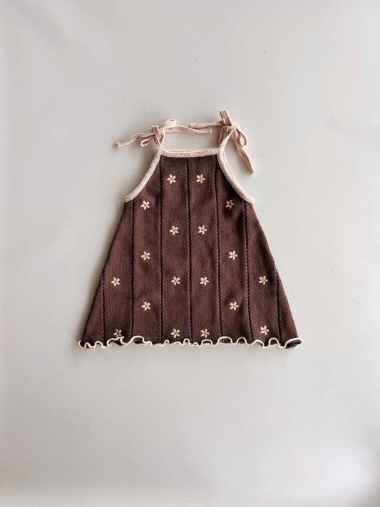 Pointelle Tie Dress - Brown Embroidery Daisy