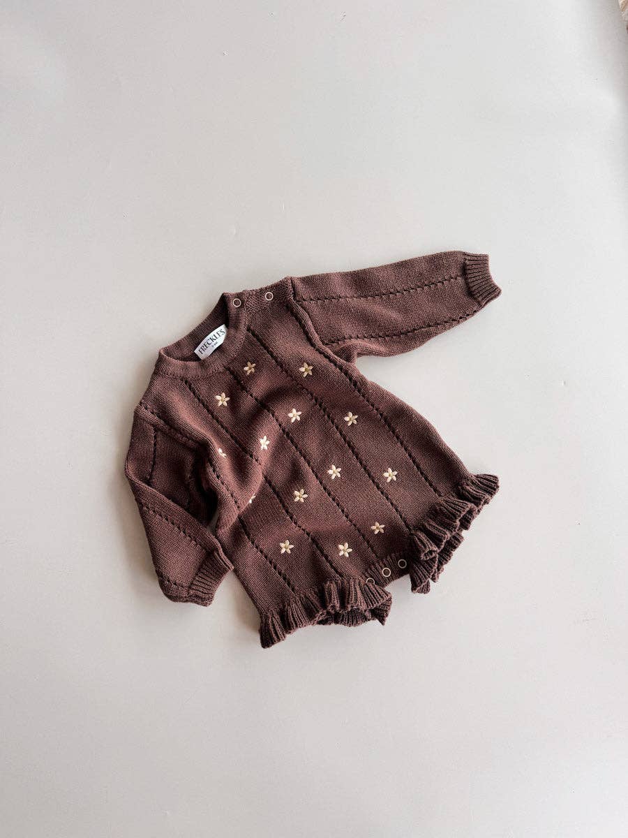 Embroidered Pointelle Romper - Brown Daisy