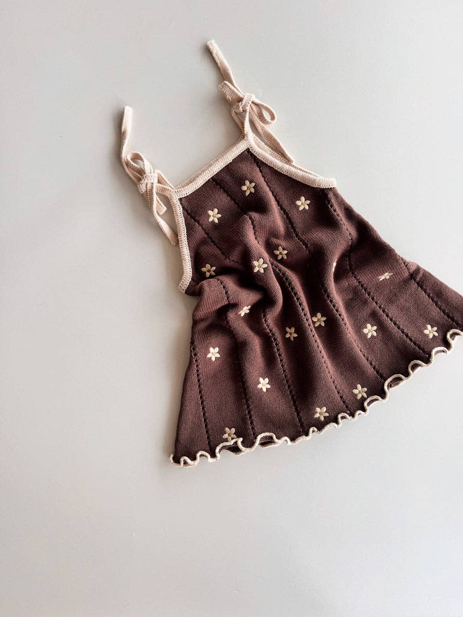 Pointelle Tie Dress - Brown Embroidery Daisy
