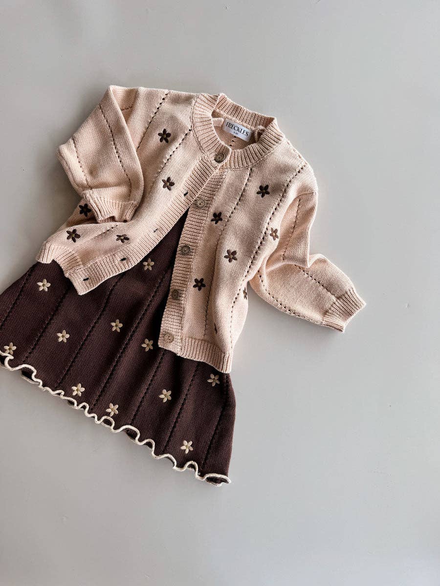 Pointelle Tie Dress - Brown Embroidery Daisy