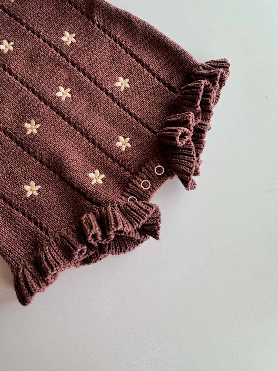 Embroidered Pointelle Romper - Brown Daisy