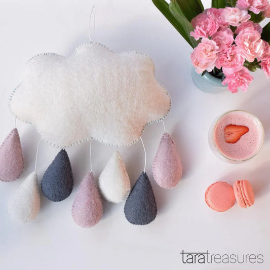 CLOUD NURSERY MOBILE - PINK & GREY RAINDROPS