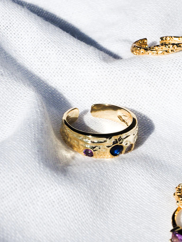 Blue CZ Hammered Ring - 18k Gold Vermeil