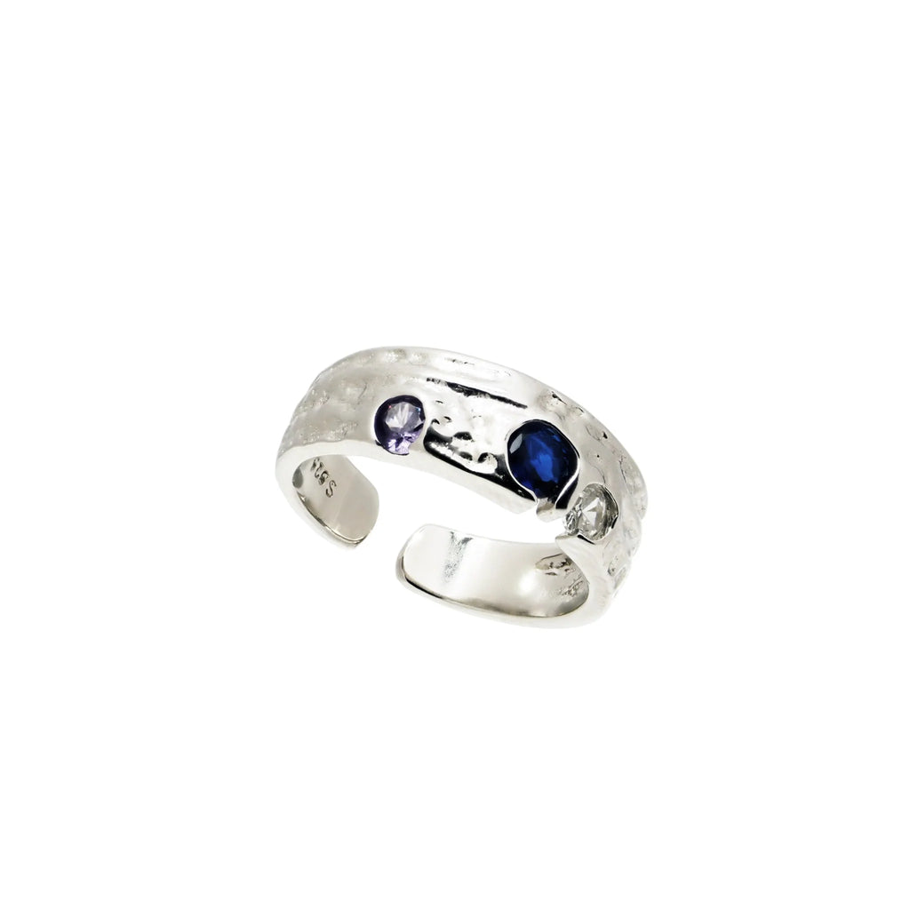 Blue CZ Hammered Ring - 925 Sterling Silver