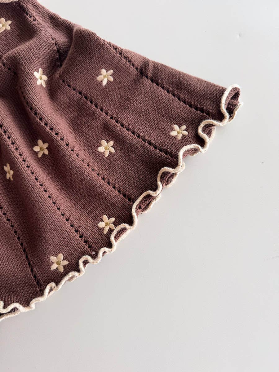 Pointelle Tie Dress - Brown Embroidery Daisy