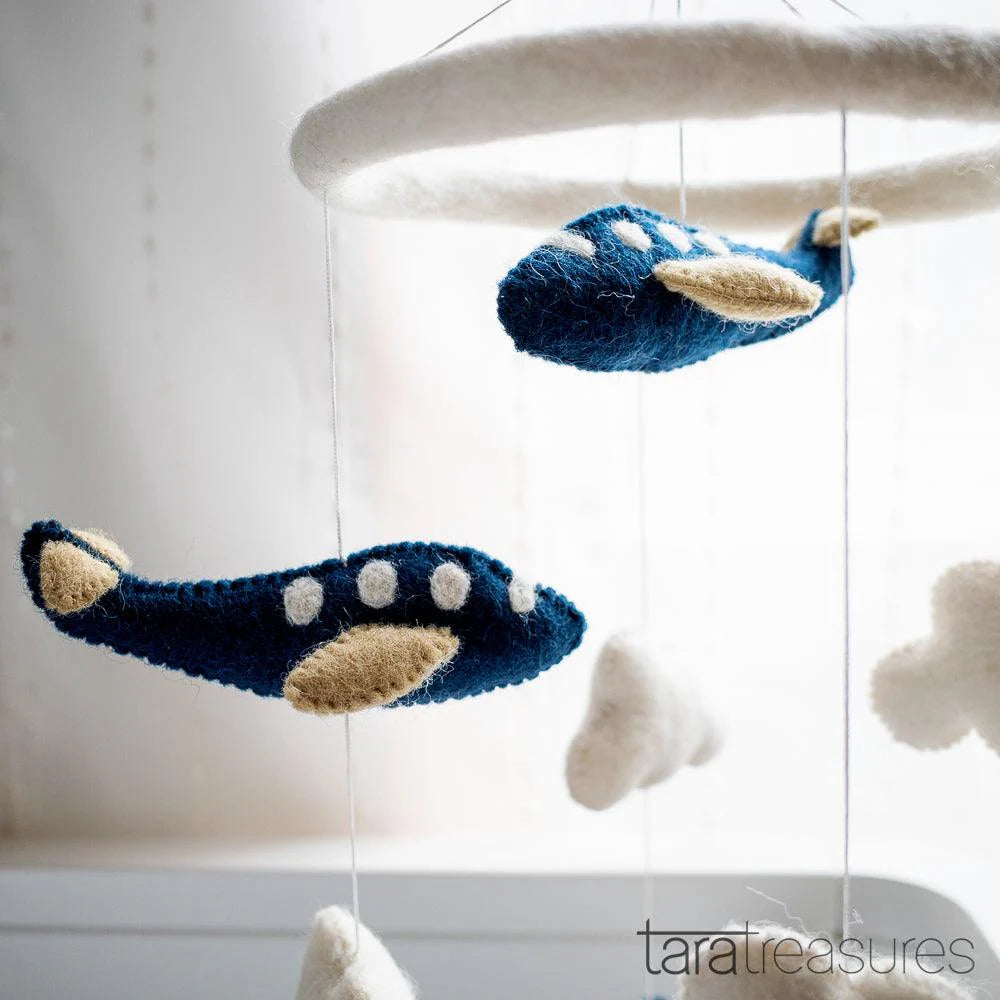 NURSERY COT MOBILE - NAVY BLUE AIRPLANES