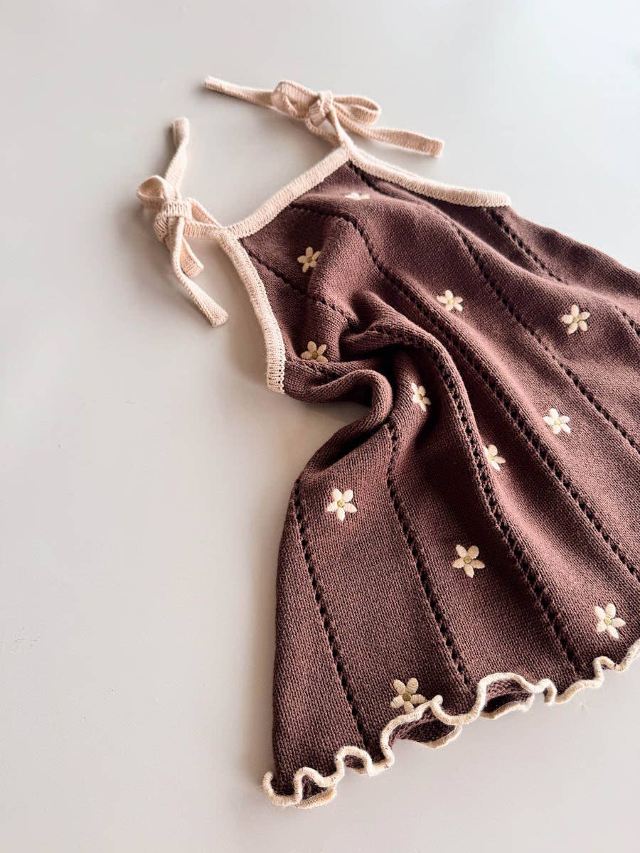 Pointelle Tie Dress - Brown Embroidery Daisy